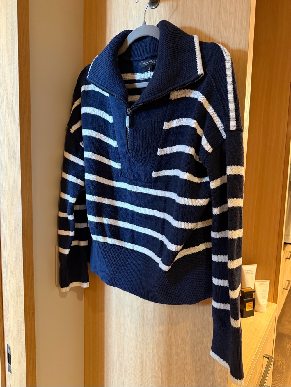 Banana Republic Quarter Zip Sweater - Navy & White Striped